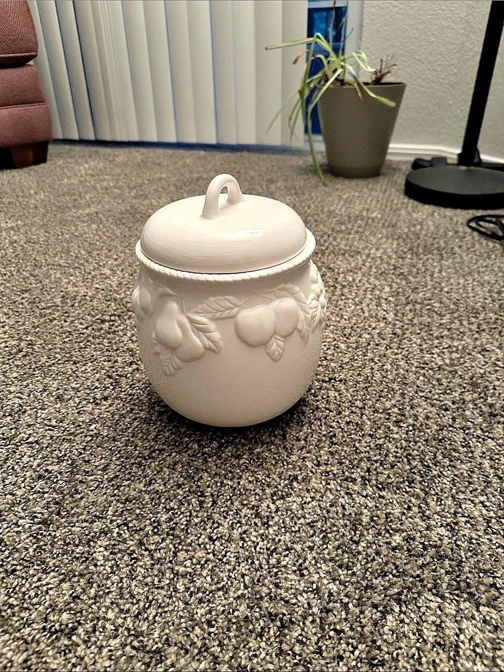 White Embossed Fruit Lidded Canister